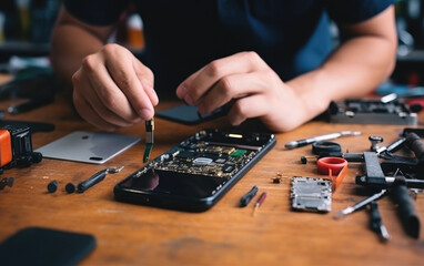 A man repairing a mobile phone on a wooden table - obrazy, fototapety, plakaty