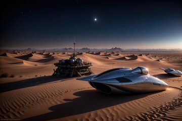 futuristic airplane infrastructure in the desert and astronot
