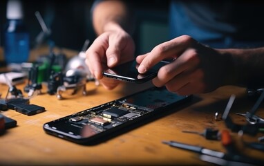 A man repairing a mobile phone on a wooden table