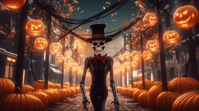 Halloween theme, skeleton in a black robe with festive pumpkins. the day of the Dead.