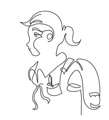 One line drawing of teenage school girl with rucksack.
One continuous line drawing of young teenager school girl.