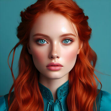 Portrait of an Celtic Redhead model with middle braided hairstyle, blue eyes and natural pink lips, clothes and background in aqua

