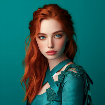Portrait of an Celtic Redhead model with middle ponytail hairstyle, blue eyes and natural pink lips, clothes and background in aqua, traditional clothes

