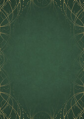Warm green textured paper with vignette of golden hand-drawn pattern. Copy space. Digital artwork, A4. (pattern: p10-2d)