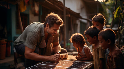 A teacher teaches children underdeveloped country environmental education and how solar panels and sustainable energy - obrazy, fototapety, plakaty