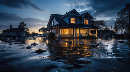 A single-family home is flooded by floodwaters