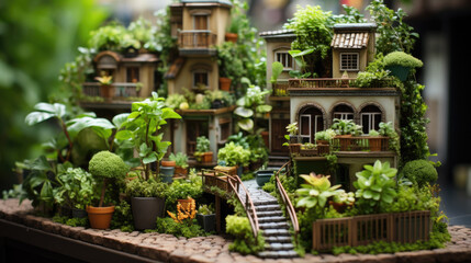Fototapeta na wymiar a small miniature house with green miniature plants