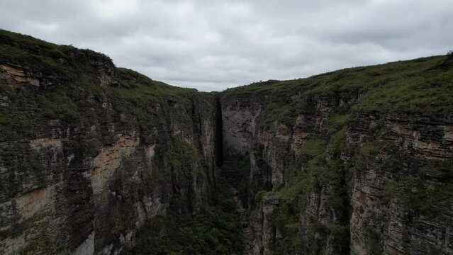 canyons of the Fumacinha waterfall, Vale do Pati, Chapada Diamantina, Bahia, Brazil. Valley with cerrado and caatinga biome, waterfall, abundant nature, hills, valley and canyons