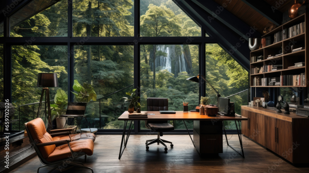 Poster office with a large window through which you can see the forest