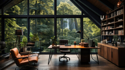 office with a large window through which you can see the forest - obrazy, fototapety, plakaty