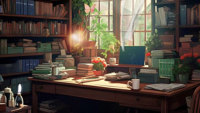 view of the work space filled with bookshelves and work desks with lots of work assignments in a calm atmosphere