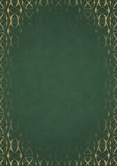 Naklejka premium Warm green textured paper with vignette of golden hand-drawn pattern. Copy space. Digital artwork, A4. (pattern: p10-4f)