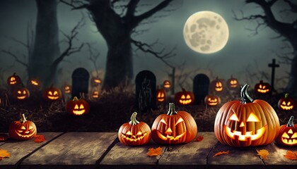 Spooky Forest with full moon and wooden table- Pumpkins In Graveyard At Spooky Night Generative AI