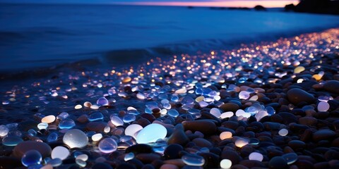 Fototapeta premium Beautiful beach at night illuminated by moonlight scattered with many colorful, transparent, circular and shiny pebbles