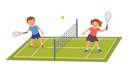 Happy little kids playing tennis