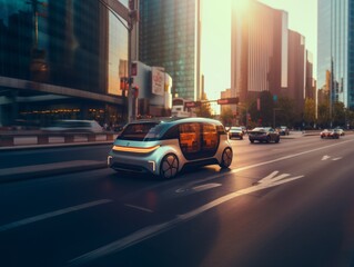 an autonomous driving vehicle in city in afternoon light. split-toning color grade. Generative AI