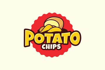 Potato chips logo with a combination of a potato and chips in a cartoon and retro style.