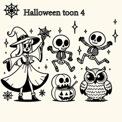 set of funny cartoon monsters characters, witch vector, calacas, pumpkin