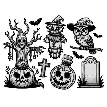 halloween icon set | Vector illustration of scary tree, pumpkin, owl with witch hat, crypt scarecrow and posion