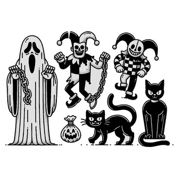 Black and white cats | Ghost with chains, harlequins vector