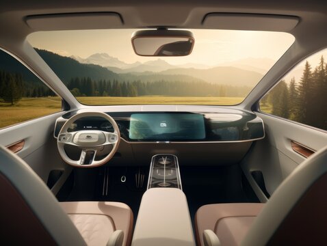 an autonomous driving vehicle on a country road in afternoon light. photorealistic view from inside the vehicle showing a luxurious interior Generative AI
