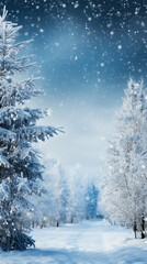 Christmas tree in snow in winter forest.