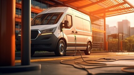 Electric work van plugged in at charging station. Generative AI