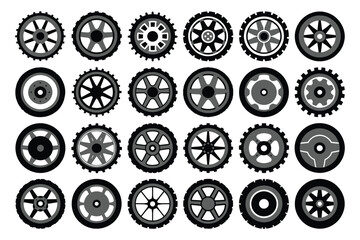 Set of black rubber wheel tires, flat car tire, motorcycle racing wheels and dirty tires track, automobile, vector illustration isolated