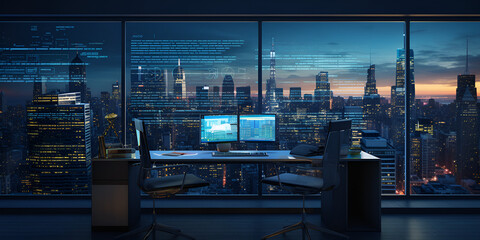 An office room with large windows overlooking the city urban Panoramas Modern Office Spaces with Expansive City Views. AI Generative