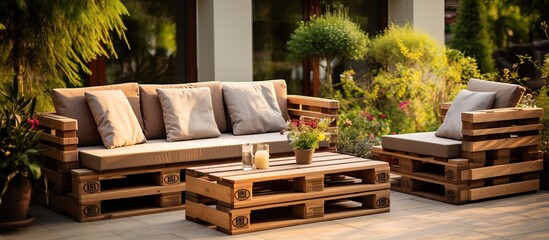 Reusing wooden pallets to create outdoor furniture for homes and gardens - obrazy, fototapety, plakaty