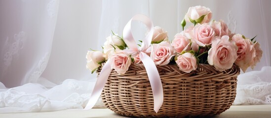 Retro wicker brown basket with white pink roses for newborn baby