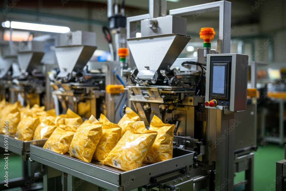Poster chips factory. production conveyor line. background with selective focus and copy space