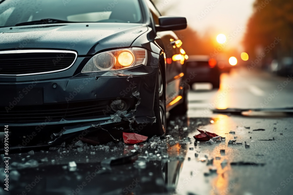 Poster broken car in an accident. crash on the road. background with selective focus and copy space