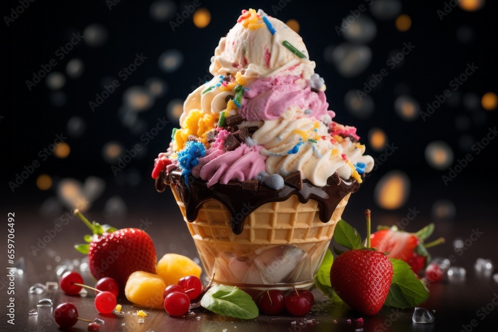 Poster appetizing ice cream. background with selective focus and copy space