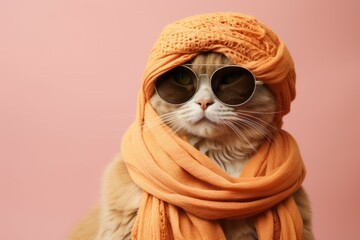 Cool cat in sunglasses and autumn clothes. Background with selective focus and copy space