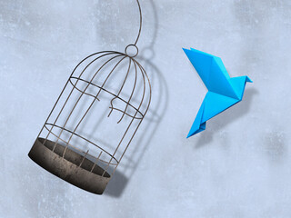 Freedom. Paper bird flying out of broken cage on light background