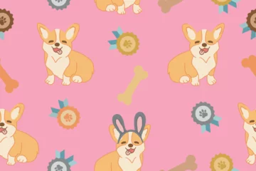 Papier Peint photo Des jouets Seamless pattern with cartoon Corgi dog pattern and medals. Vector illustration on a pink background. 