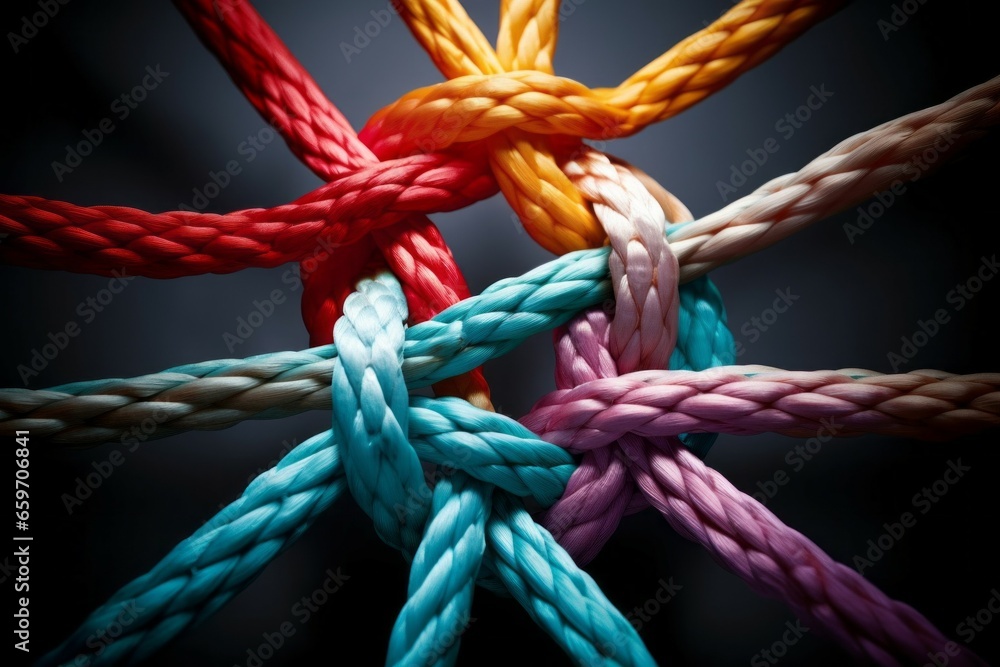 Poster different ropes are woven into a knot. teamwork concept. background with selective focus and copy sp