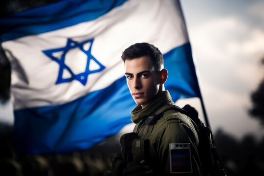 Military intelligence officer against the background of the flag of the State of Israel. Portrait with selective focus