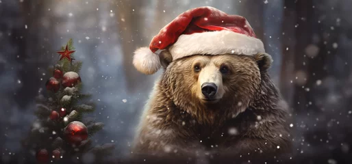 Foto op Aluminium Christmas Bear in Red Santa Hat: Celebrating Christmas with a Grizzly Twist. © touchedbylight