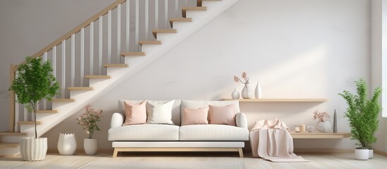 Fototapeta na wymiar Scandinavian inspired room elegantly furnished with white sofa and stairs