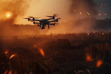 Concept. A drone with explosives flies over the city, followed by flames from the explosions. - obrazy, fototapety, plakaty