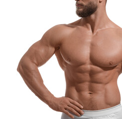 Fototapeta na wymiar Muscular man showing abs isolated on white, closeup. Sexy body