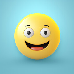 Fototapeta premium AI . Realistic Yellow Glossy 3d Emotions face happy smile, laugh. Yellow on the blue background. Vector illustration.