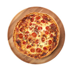 Delicious homemade quiche with prosciutto and tomatoes isolated on white, top view