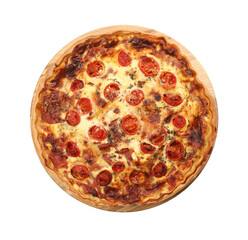 Delicious homemade quiche with prosciutto and tomatoes isolated on white, top view
