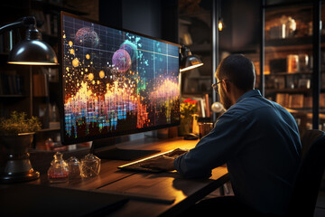 create an image of a person interacting with a high tech computer. the person should be sitting in front of a sleek, modern computer with multiple screens displaying colorful graphs and data.