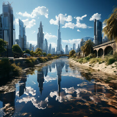 Dubai in the daytime, a futuristic city with skyscrapers. 