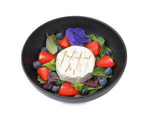 Bowl of delicious salad with brie cheese, blueberries and strawberries isolated on white