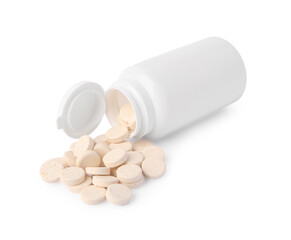 Bottle and many vitamins for pets isolated on white